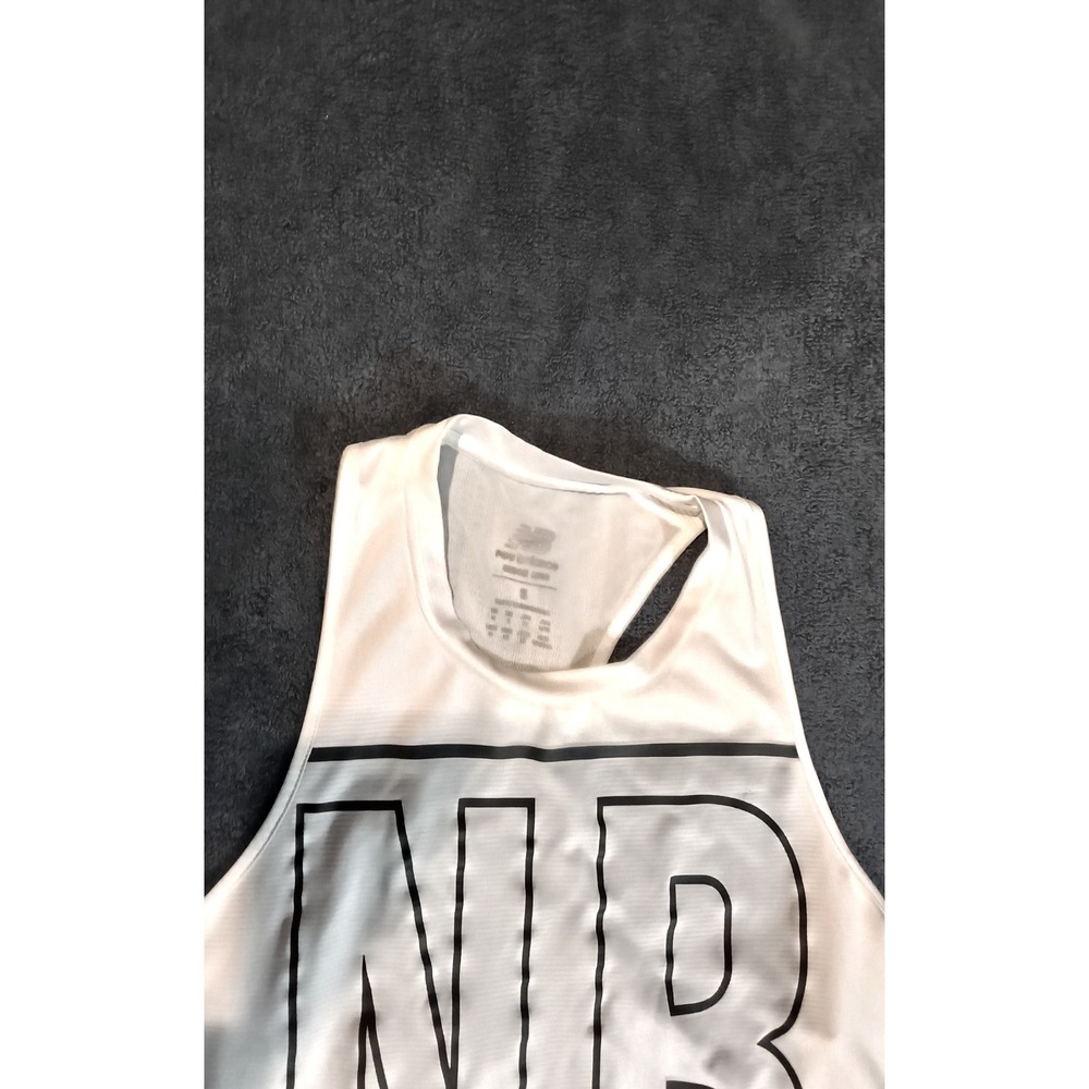 New Balance Womens White Black Logo Racerback Mesh Back Cropped Tank Top S - Picture 2 of 3